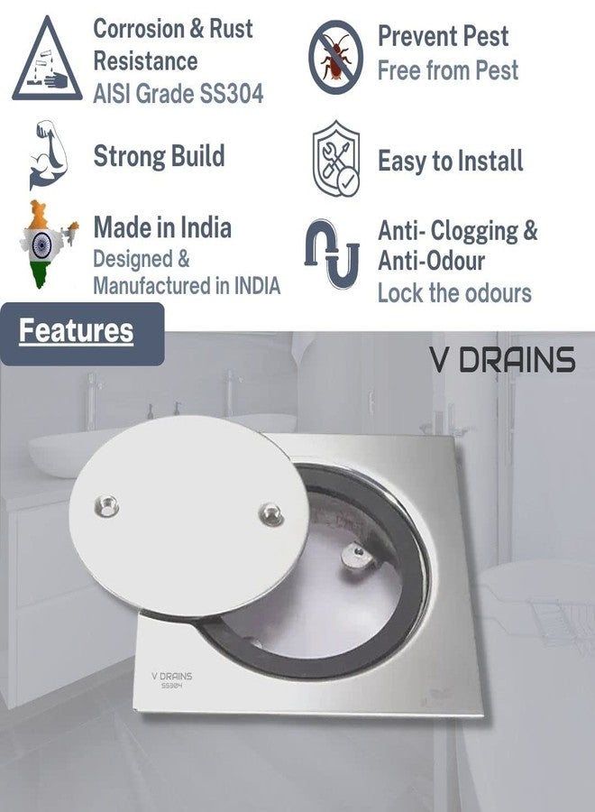 V Drains SS304 5x5 inch Clean Out Floor Drain with Gasket (125mm x 125mm) for Bathroom/Balcony/Roof/Terrace/Floor/Parking Anti Foul | Anti-Cockroach Finish: Glossy (Crome) (5x5 inches) - Image 4